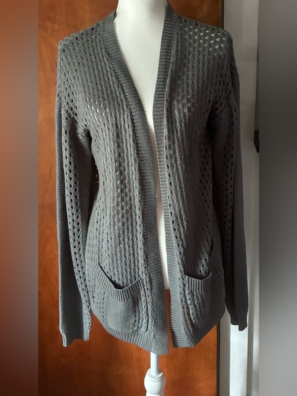 Vintage T/O Open-Knit Gray Cardigan Sweater with Front Pockets